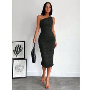 One Shoulder Slim Glamorous Ruched Black Dress Knee to Midi Length
